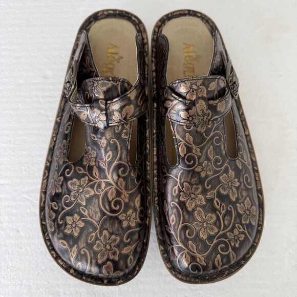 Size 40 Alegria Floral Embossed Leather Clogs Mary Jane Mule Brown Comfort Shoes - Picture 10 of 13